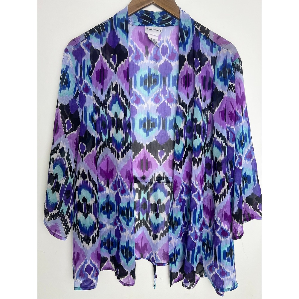 Vtg XLP Purple Blue Ikat Chiffon Cardigan Boho Hippie Festival Resort Duster Art